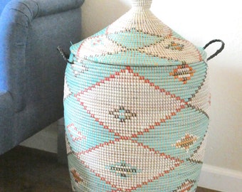 Turquoise and White Eclectic African Laundry Basket, Cesto,Handwoven exclusive Hamper, Rare Find