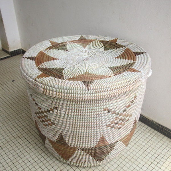 Chocolate and White Laundry Basket, Humongous Sized Laundry Hamper, Side Table, End Table, Ethnic Decor, Exclusive