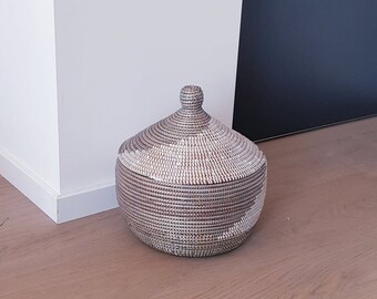 Small, Round Storage Basket im gray and white on sale