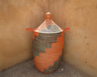 Orange  and Brown Laundry Hamper, Basket , Staircase Pattern, Cesto, panier africaine, Storage,