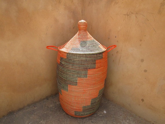 Orange  and Brown Laundry Hamper, Basket , Staircase Pattern, Cesto, panier africaine, Storage,