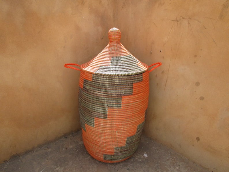 Orange and Brown Laundry Hamper, Basket , Staircase Pattern, Cesto, panier africaine, Storage, image 1