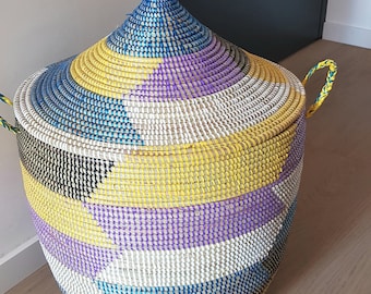 Handwoven Lidded Basket, Medium Chevron Senegal Basket