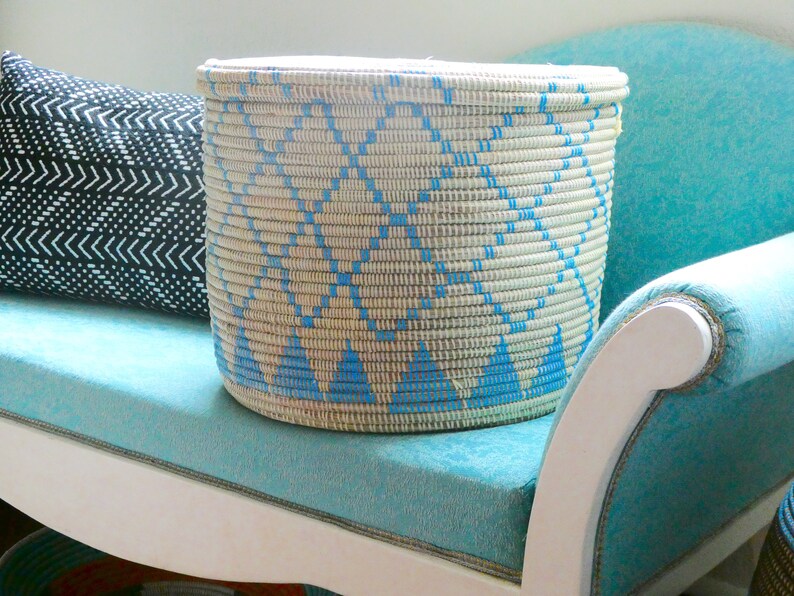 Powder Blue and Ivory Flat Lid Basket, Kid's room decor, Baby Blue, Modern Basket, Retro Colours image 1