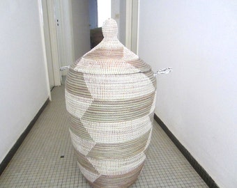Very Large, 1m tall Silver Grey and White Chevron Hamper, Elegant, Classic Stylish Basket, Handmade, african,Huge,