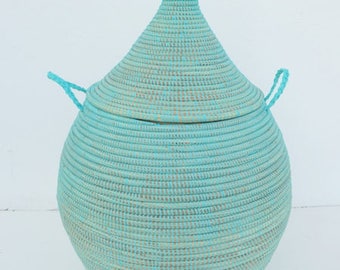 Aqua, Turquoise, Very African Basket, Wide with Church Roof Lid, Medium size Hamper, Home Decor made to order