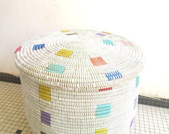 Laundry Basket, Side Table, Rainbow, Flat top Basket with Squares, Made to Order