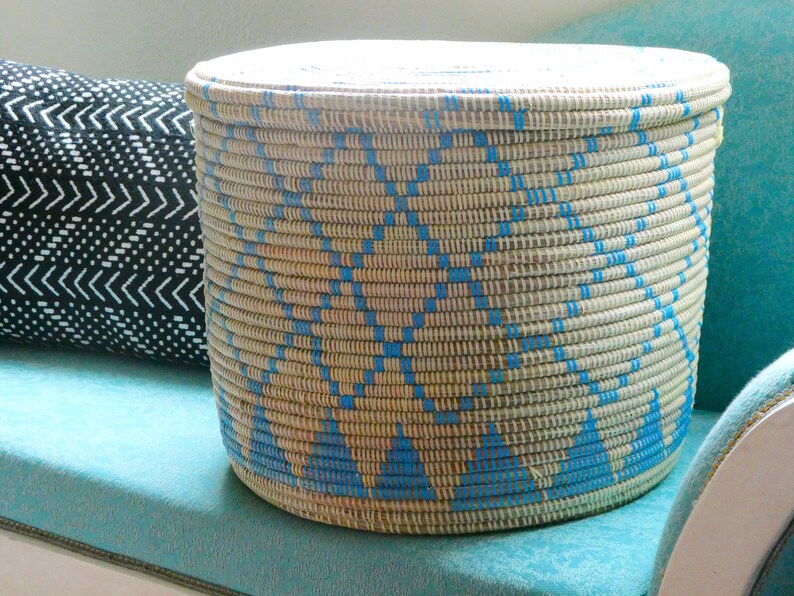 Powder Blue and Ivory Flat Lid Basket, Kid's room decor, Baby Blue, Modern Basket, Retro Colours image 2