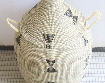 Handwoven Hamper, Ivory and Black Basket with Bow Ties, Rustic Cabin Decor