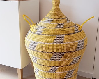 Round Yellow Laundry Basket, African Basket with lid