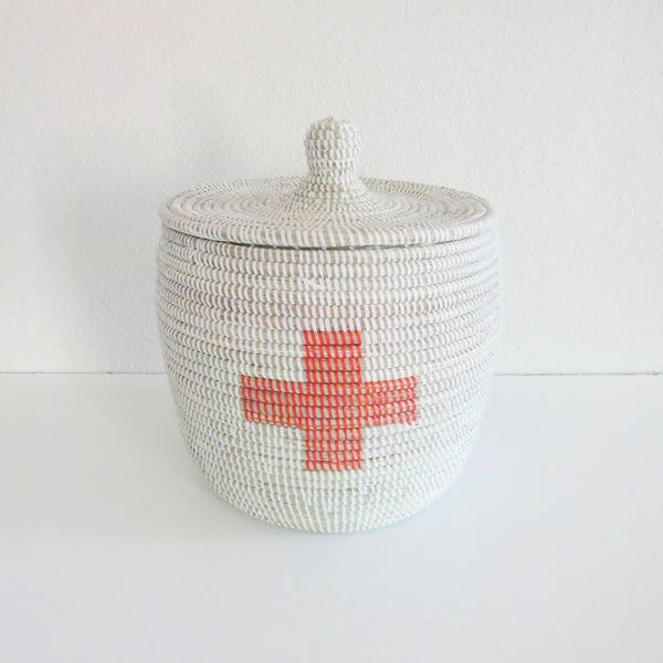 First Aid Kit Basket,  Medicine Cabinet, Wicker, Red and White, Storage Baskets