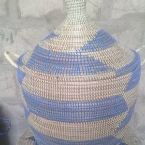 Chevron, Laundry Hamper, African Basket, Handwoven Basket, Orange and beige, sky blue and beige image 5