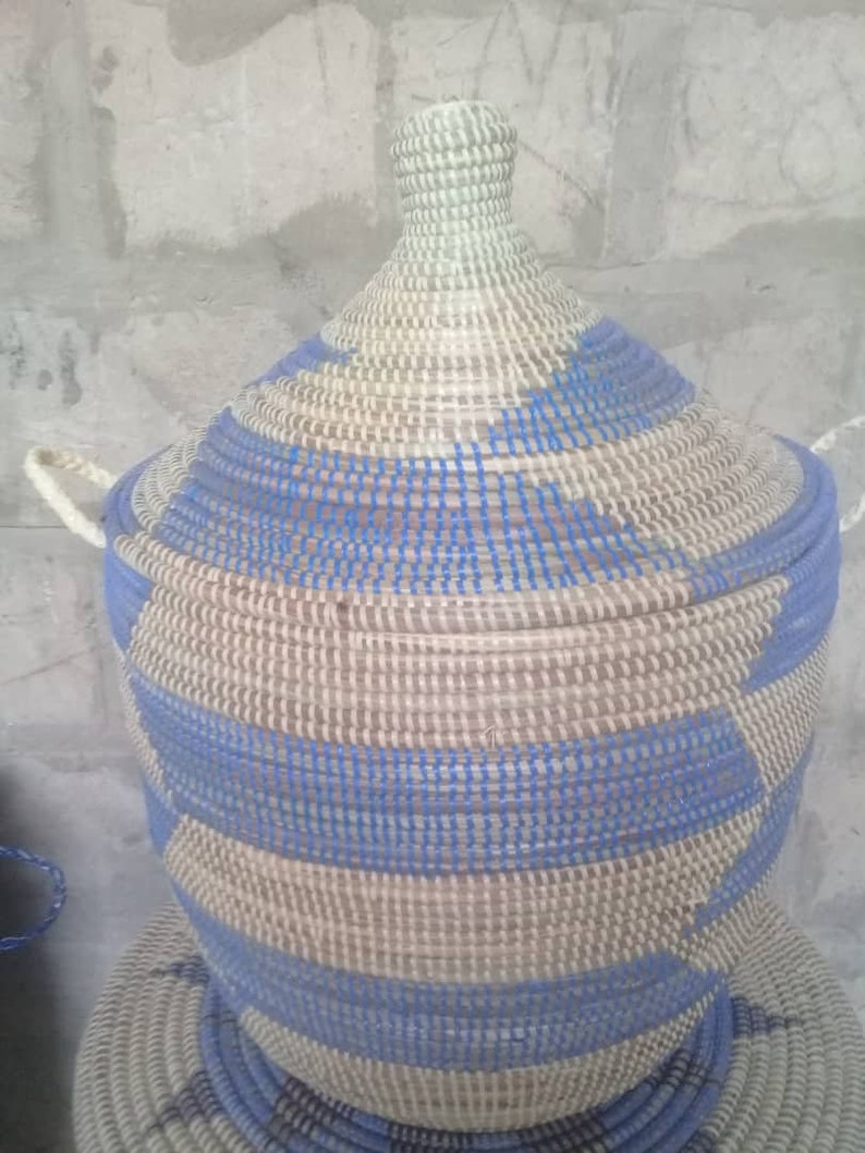 Chevron, Laundry Hamper, African Basket, Handwoven Basket, Orange and beige, sky blue and beige image 5