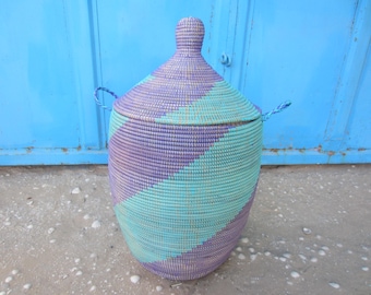 Large Turquoise and Purple Hamper Basket, Spiral Pattern