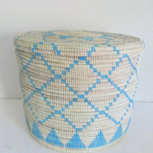 Powder Blue and Ivory Flat Lid Basket, Kid's room decor, Baby Blue, Modern Basket, Retro Colours image 4