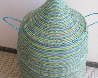 Bathroom Decor, Aqua Colour, Hamper, Basket, Stripes, Lime green, Aqua, Turquoise, Laundry Storage