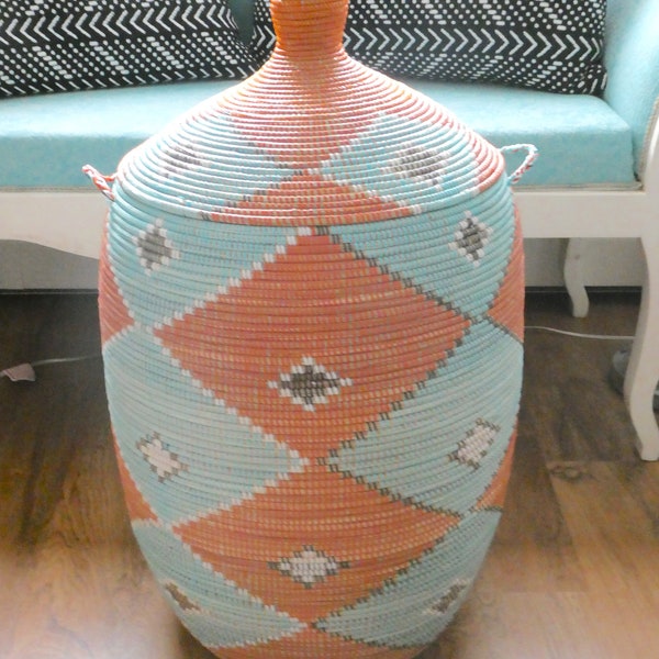 Museum Quality High End Laundry Basket, Weavers Pride, American Indian colors,Large Hamper, Orange and Turquoise