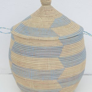 Chevron, Laundry Hamper, African Basket, Handwoven Basket, Orange and beige, sky blue and beige image 2