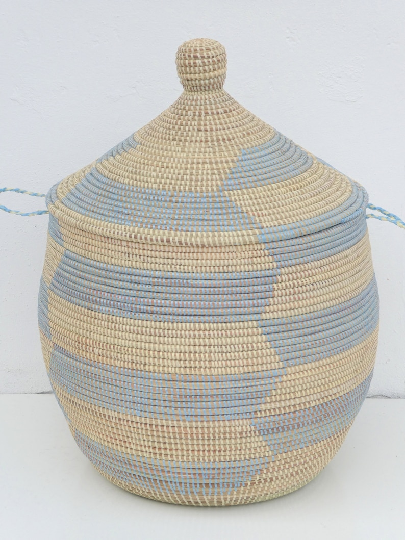 Chevron, Laundry Hamper, African Basket, Handwoven Basket, Orange and beige, sky blue and beige image 2