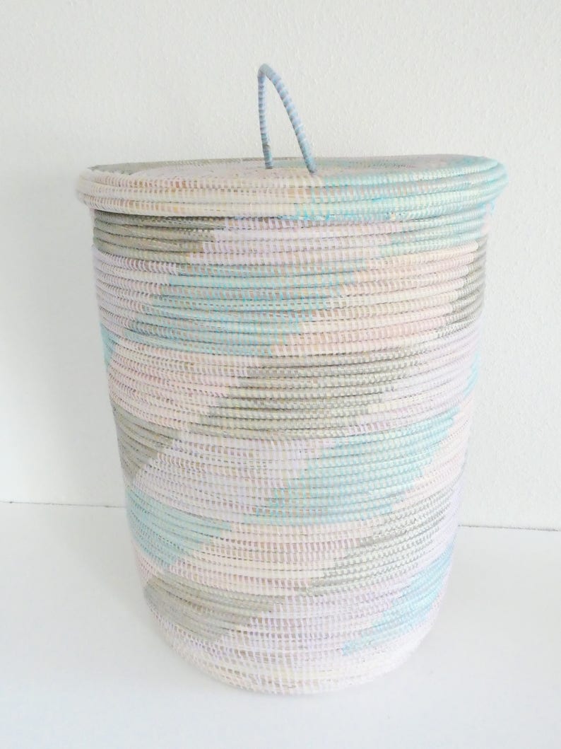 Pastel Colours Handwoven Laundry Basket With Flat Lidmodern Etsy
