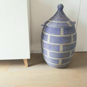 Blue Laundry Basket, Handwoven Hamper, Blue basket with Lid