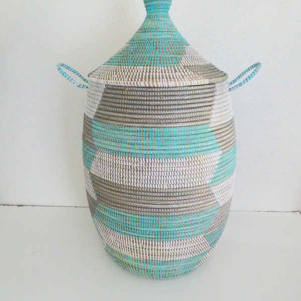 Laundry Basket, Herringbone Pattern,Turquoise, Grey and White, Laundry Hamper, Panier, Cesto