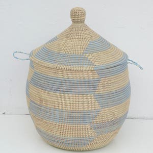 Chevron, Laundry Hamper, African Basket, Handwoven Basket, Orange and beige, sky blue and beige image 1