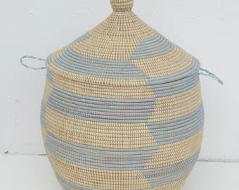 Chevron, Laundry Hamper, African Basket, Handwoven Basket, Orange and beige, sky blue and beige