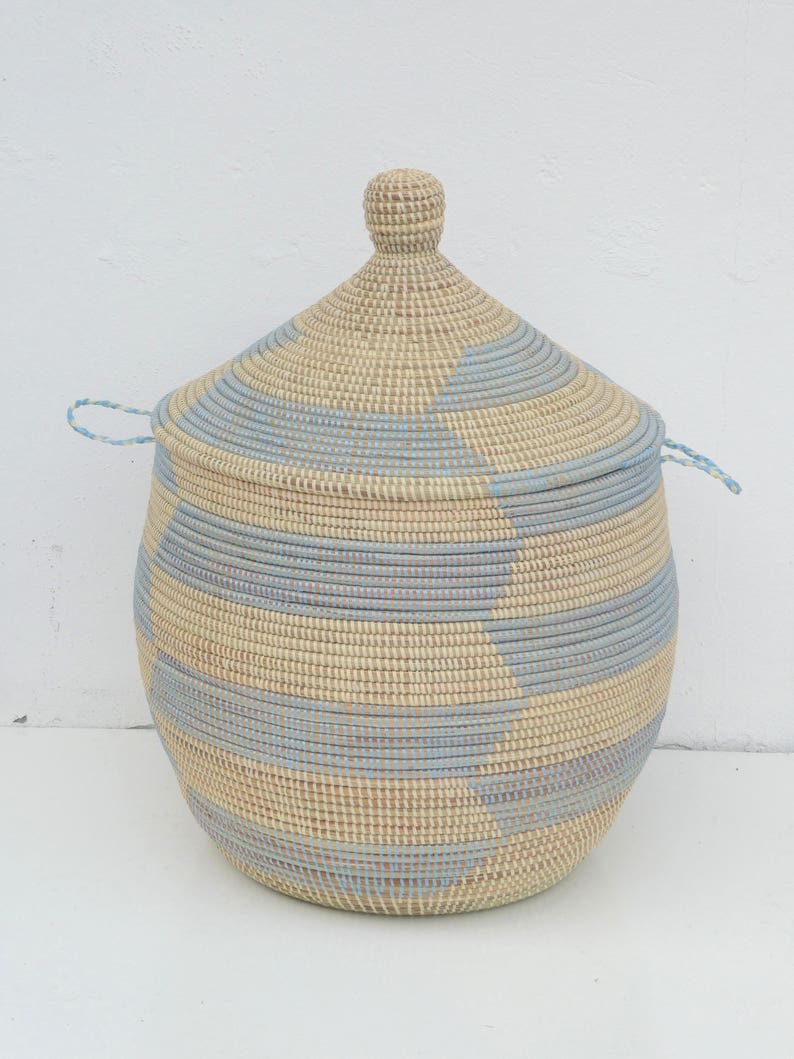 Chevron, Laundry Hamper, African Basket, Handwoven Basket, Orange and beige, sky blue and beige image 1