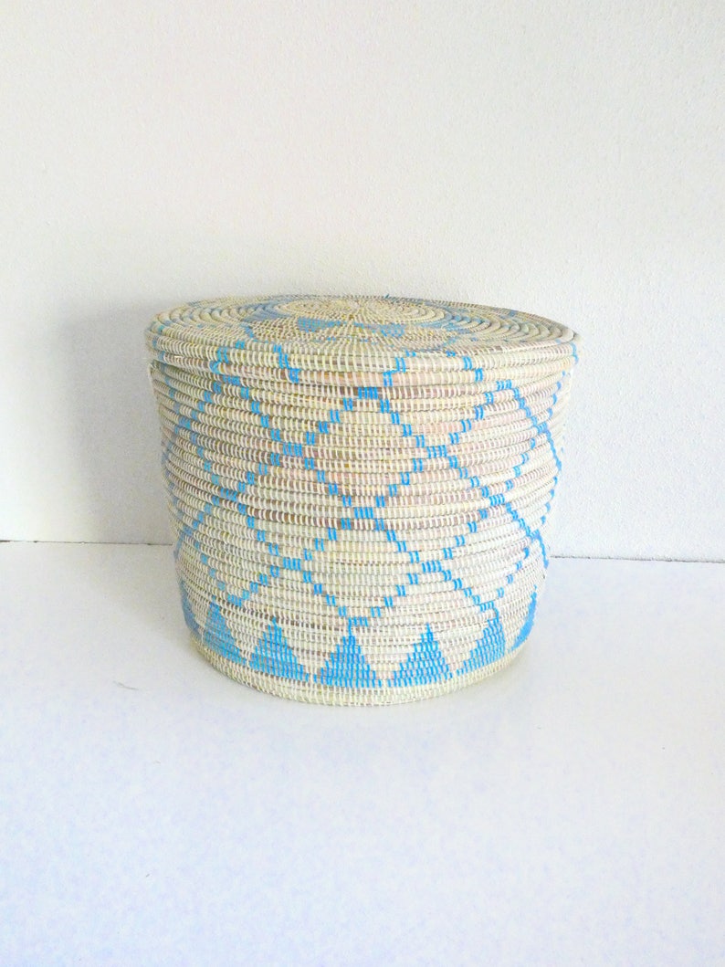 Powder Blue and Ivory Flat Lid Basket, Kid's room decor, Baby Blue, Modern Basket, Retro Colours image 3