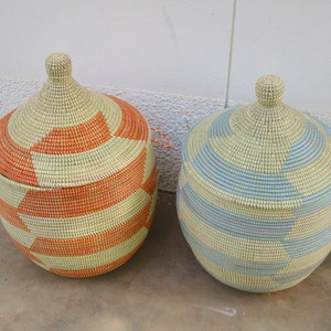 Chevron, Laundry Hamper, African Basket, Handwoven Basket, Orange and beige, sky blue and beige image 4