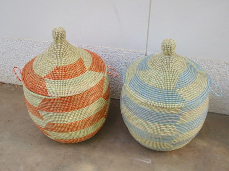 Chevron, Laundry Hamper, African Basket, Handwoven Basket, Orange and beige, sky blue and beige image 4