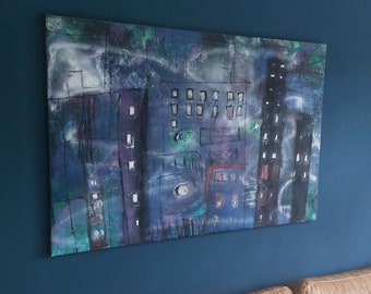 Oversized Abstract Paining in Mixed Media, Oil on canvas, City scape