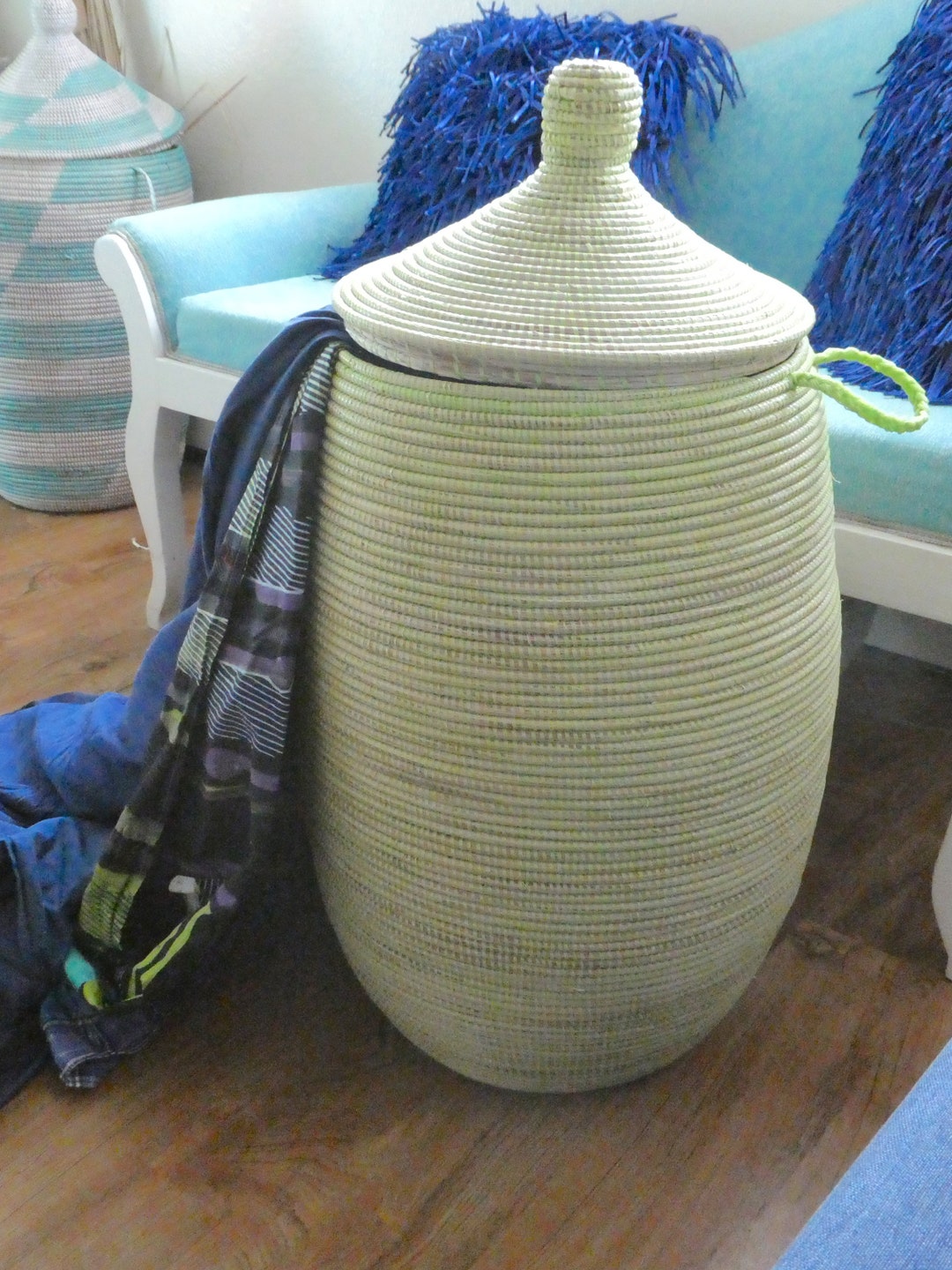 African Laundry Basket,chartreuse, Green, Moss Green Lidded Hamper
