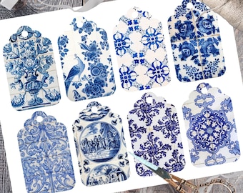 Etiquetas de presente vintage em porcelana azul: azulejos florais chinoiserie (download digital)