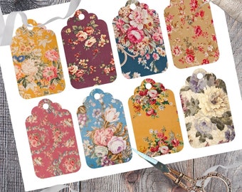 Fall Printable Antique Floral Gift Tags, Vintage Fabric Inspired Tags, Instant Digital Download, Set of 8 Autumn Floral Design Gift Tag