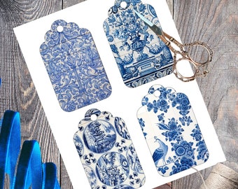 Etiquetas de presente vintage para impressão: Conjunto de 8 peças florais azuis chinoiserie (download digital)