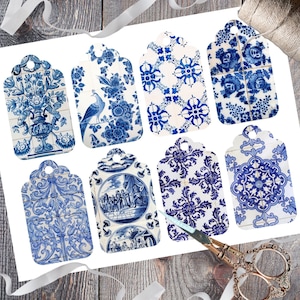 Printable Vintage Gift Tags, Blue and White Floral Tiles, Chinoiserie Toile Instant Digital Download, Set of 8 Vintage Blue China Tags PDF