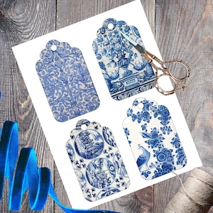 Afdrukbare vintage cadeaukaartjes, blauwe en witte bloementegels, chinoiserie toile instant digitale download, set van 8 vintage blauwe porseleinen tags