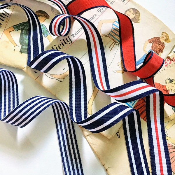 Navy and White Nautical Ribbon, Red, Navy Blue and White Striped Ribbon, 7/8" inch Nautical Grosgrain Collection