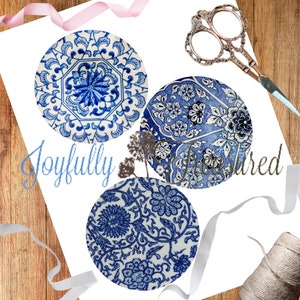 Vintage Printable Round Gift Tags, Blue and White Chinoiserie Pattern Circle Set of 6, Digital Download for Decor, Crafting, Decoupage image 1