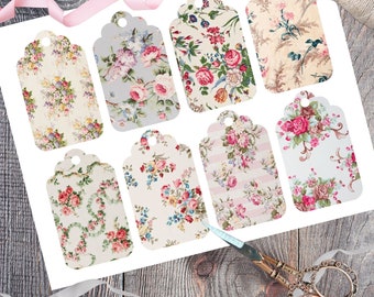 Etiquetas de presente com estampas florais antigas para impressão: conjunto de 8 designs vintage em tecido pastel (download digital)