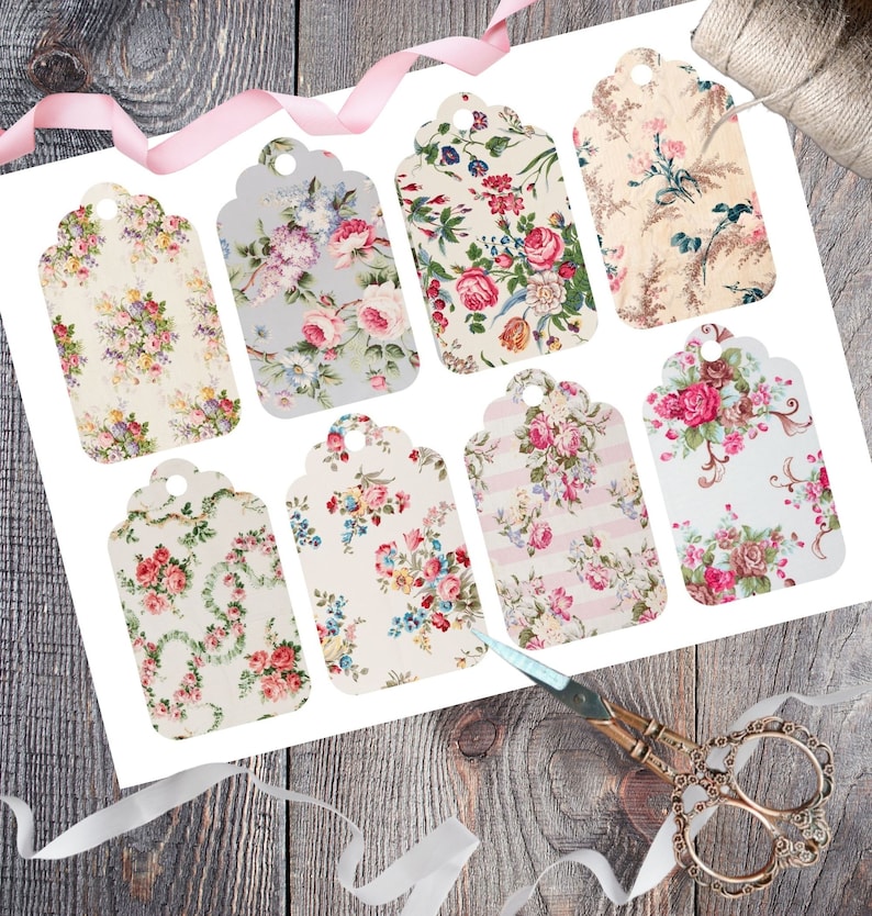 Printable Antique Floral Gift Tags, Vintage Fabric Inspired Tags, Instant Digital Download, Set of 8 Pastel Floral Pattern Design Gift Tag image 1