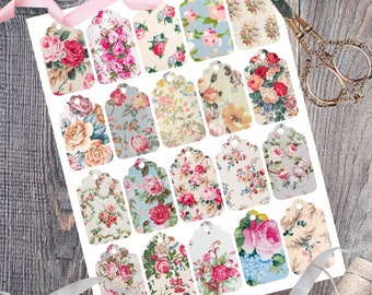 Printable Vintage Floral Gift Tags, Antique Fabric Inspired Gift Tags for Bridal, Valentine's, Tea Party, Instant Digital Paper Download Set