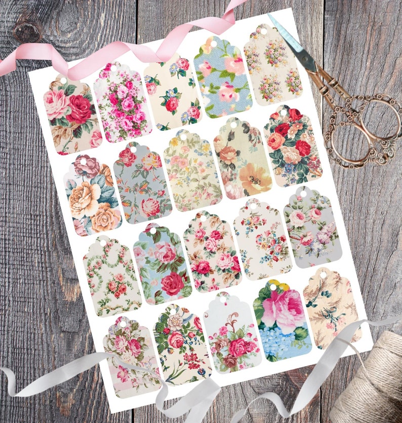 Printable Vintage Floral Gift Tags, Antique Fabric Inspired Gift Tags for Bridal, Valentine's, Tea Party, Instant Digital Paper Download Set image 1