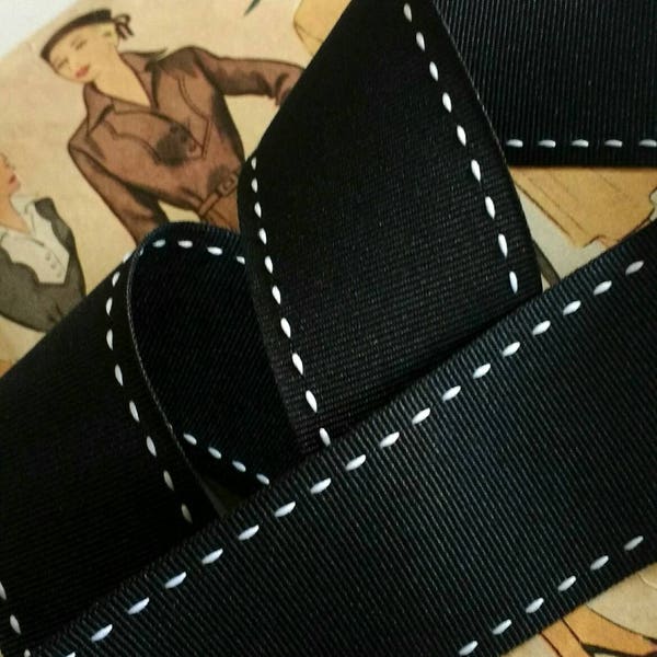 Black and White Grosgrain Ribbon, Saddle Stitch Ribbon 1.5" inch