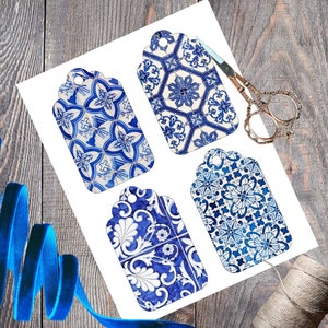 Blue and White Gift Tags, Printable Vintage Floral Tiles, Chinoiserie Toile Instant Digital Download, Set of 8 Antique Blue China Tags PDF
