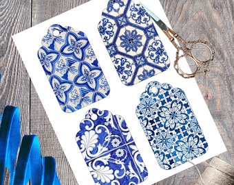 Etiquetas de presente azuis e brancas, azulejos florais vintage para impressão, download digital instantâneo de chinoiserie toile, conjunto de 8 etiquetas de porcelana azul antiga em PDF