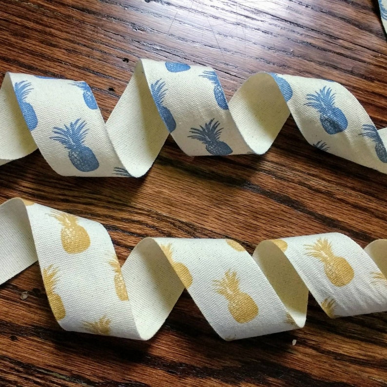 Pineapple Ribbon Natural Ivory Cotton Pineapple Printed Ribbon 1.5 inch Blue and Gold Pineapple Ribbon