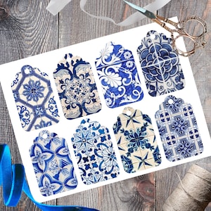 Printable Vintage Gift Tags, Blue and White Floral Tiles, Chinoiserie Toile Instant Digital Download, Set of 8 Vintage Blue China Tags PDF
